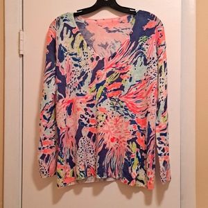 Lilly Pulitzer  Liesel  linen vneck lightweight sweater gold buttons each side S